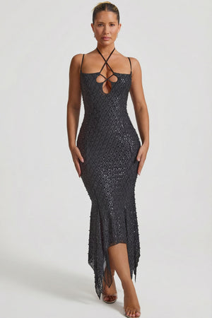 Oh Polly's Sierra Skye wearing the Josephine Midaxi Dress in Black Embellished fabric perfect for a glamorous night out