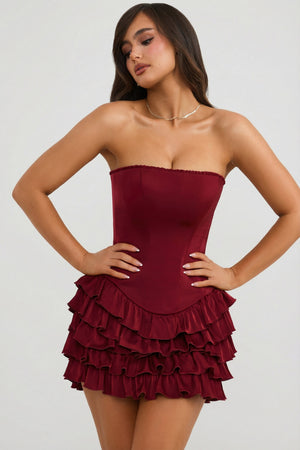 Bandeau Ruffled Tiered Corset Mini Dress in Berry Red - 2 / Regular | Oh Polly Bandeau Ruffled Tiered Corset Mini Dress in Berry Red - 2 / Regular | Oh Polly