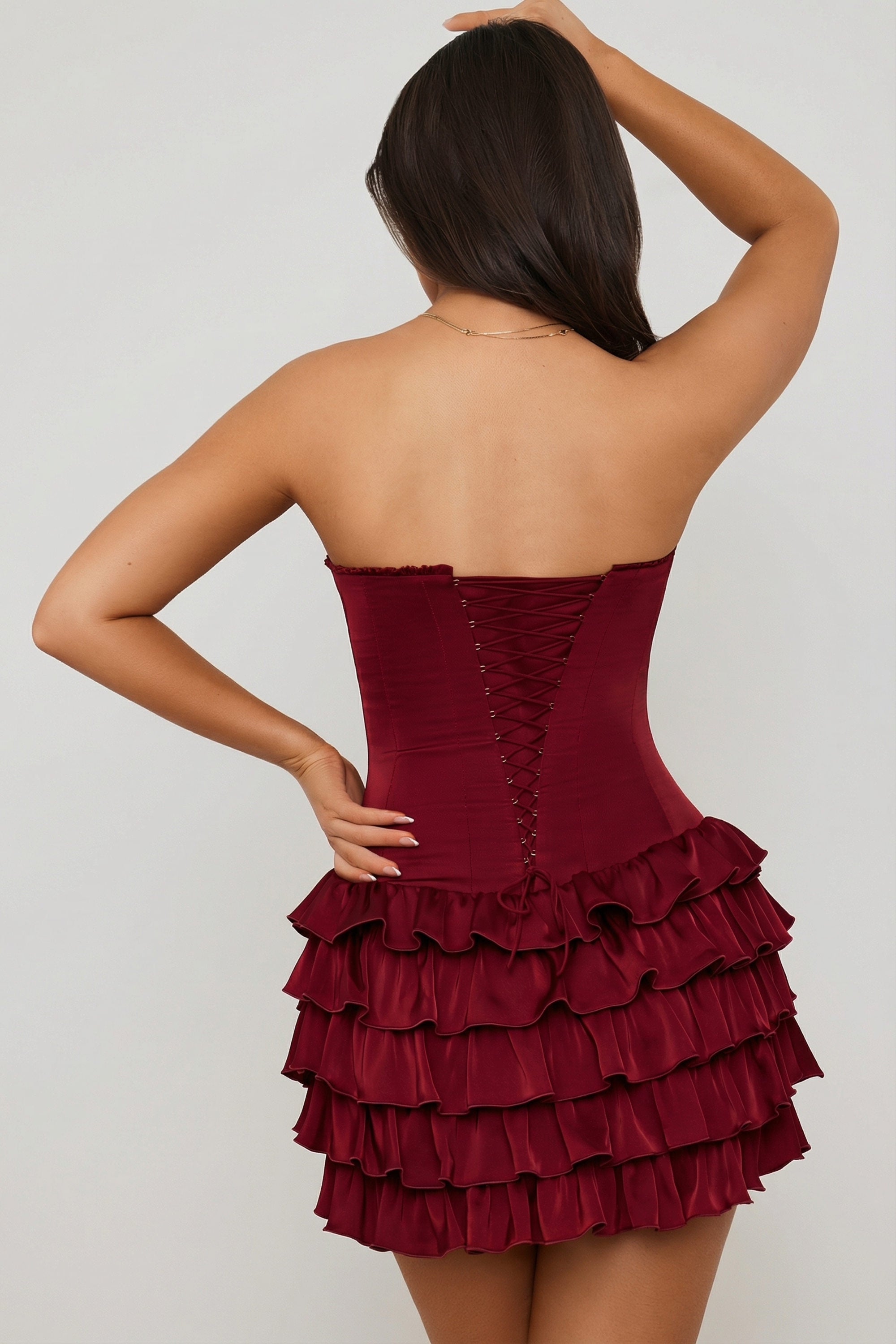 Juliet Bandeau Ruffled Tiered Corset Mini Dress in Berry Red