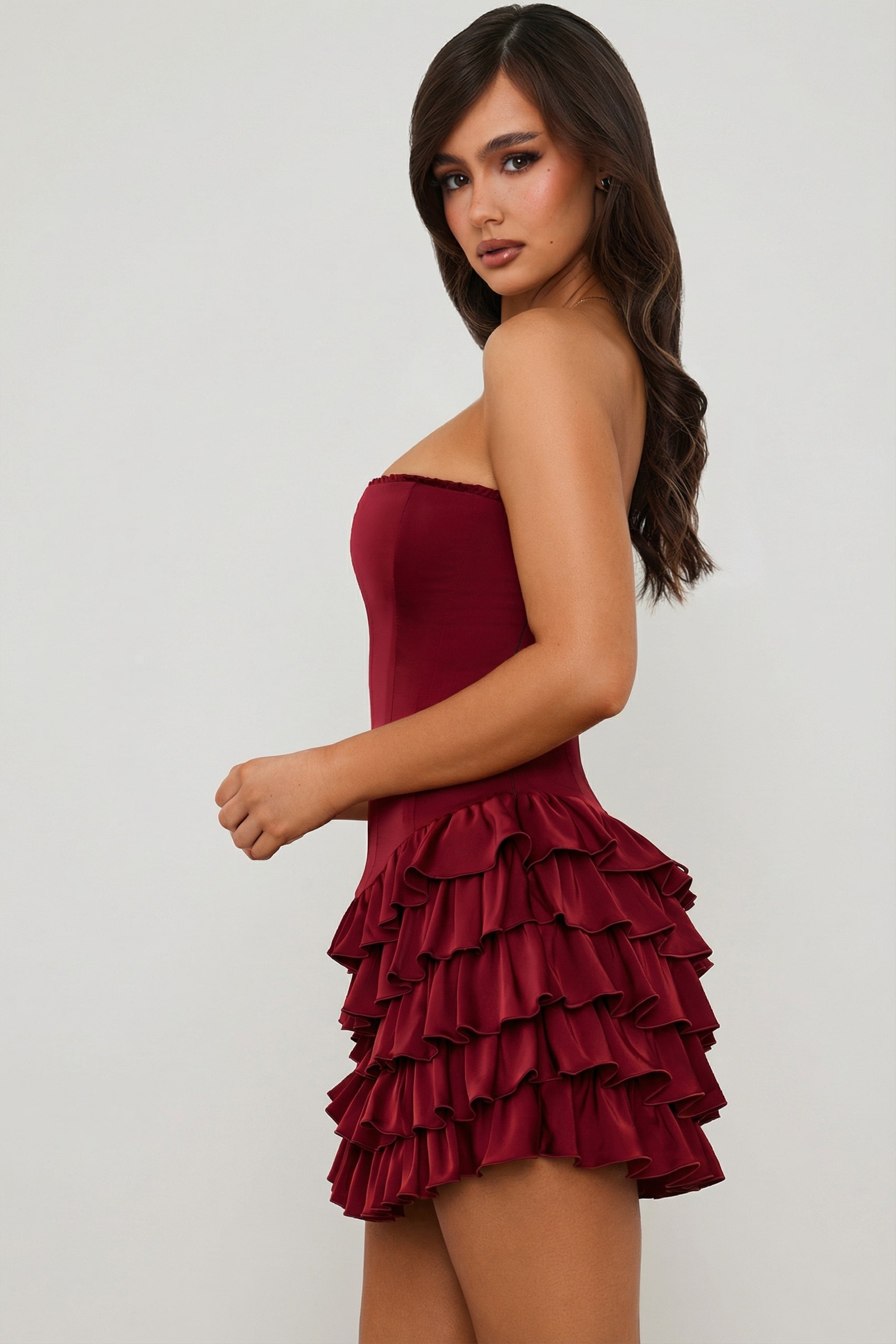 Juliet Bandeau Ruffled Tiered Corset Mini Dress in Berry Red