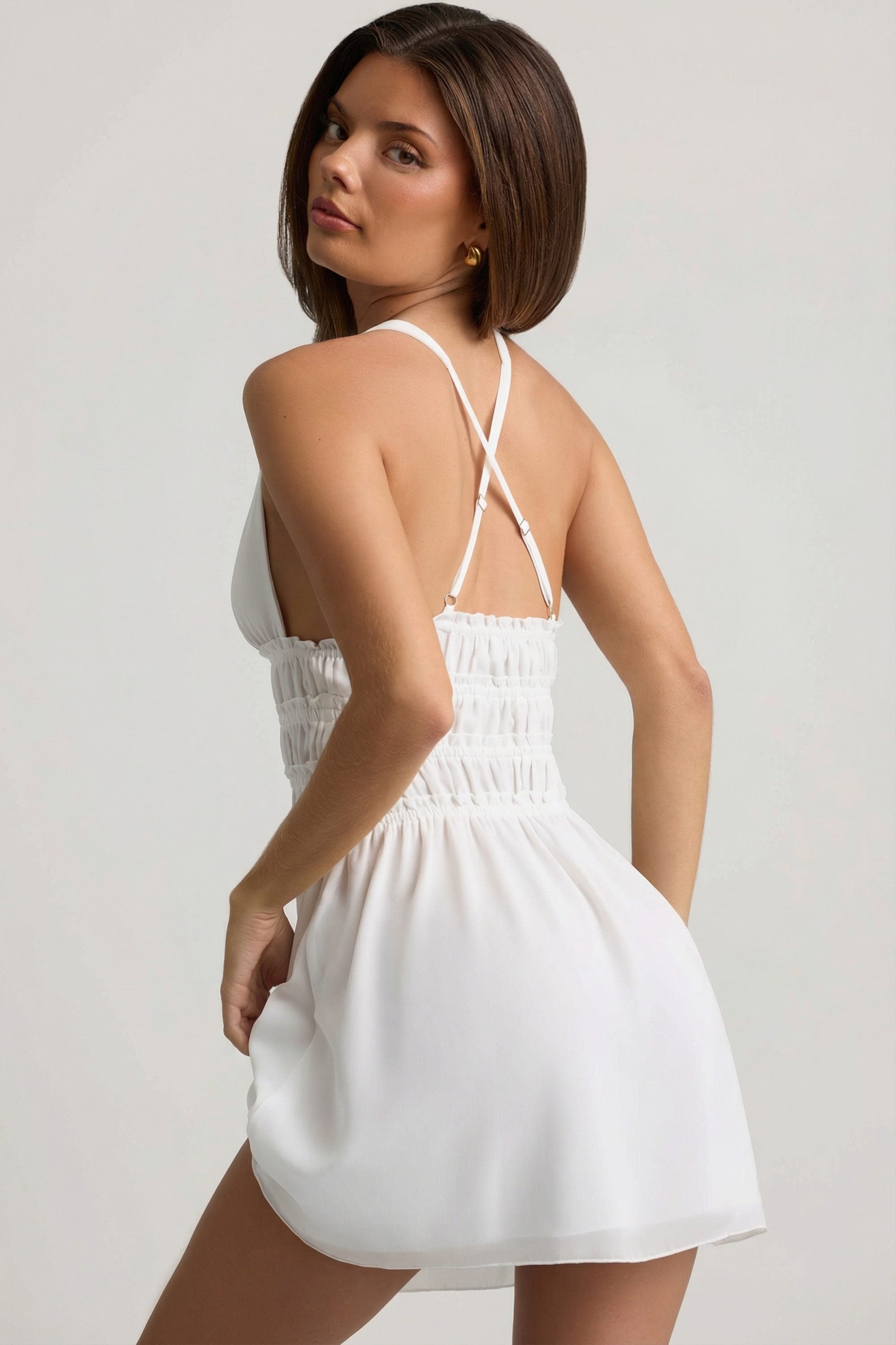 Tessara Shirred Camisole Mini Dress in White