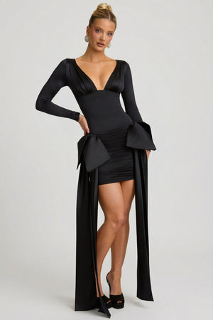 Karelyn Bow-Detail Ruched Mini Dress in Black | Oh Polly Karelyn Bow-Detail Ruched Mini Dress in Black | Oh Polly