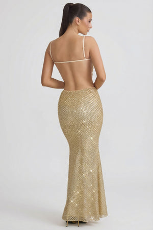 Embellished Cut-Out Gown in Gold