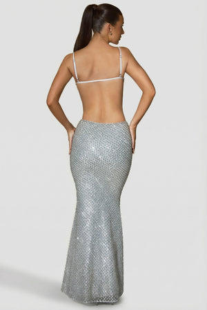 Katalia Embellished Cut-Out Gown in Silver | Oh Polly Katalia Embellished Cut-Out Gown in Silver | Oh Polly