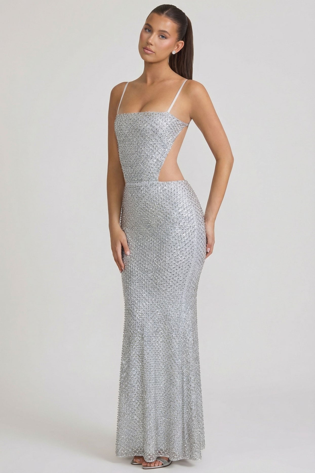 Embellished Cut-Out Gown in Silver - 9