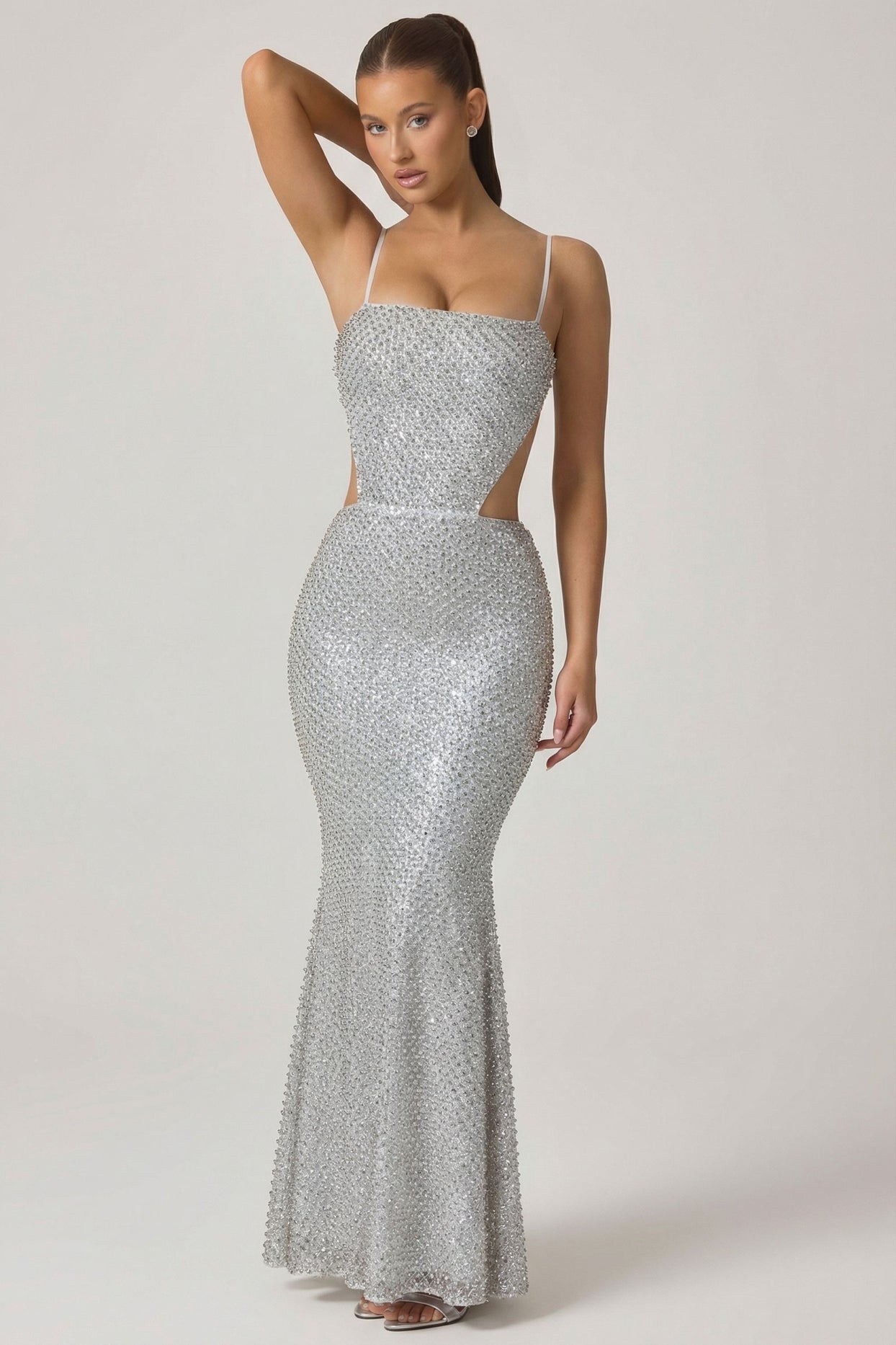 Embellished Cut-Out Gown in Silver - 10