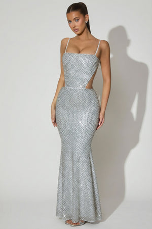 Embellished Cut-Out Gown in Silver
