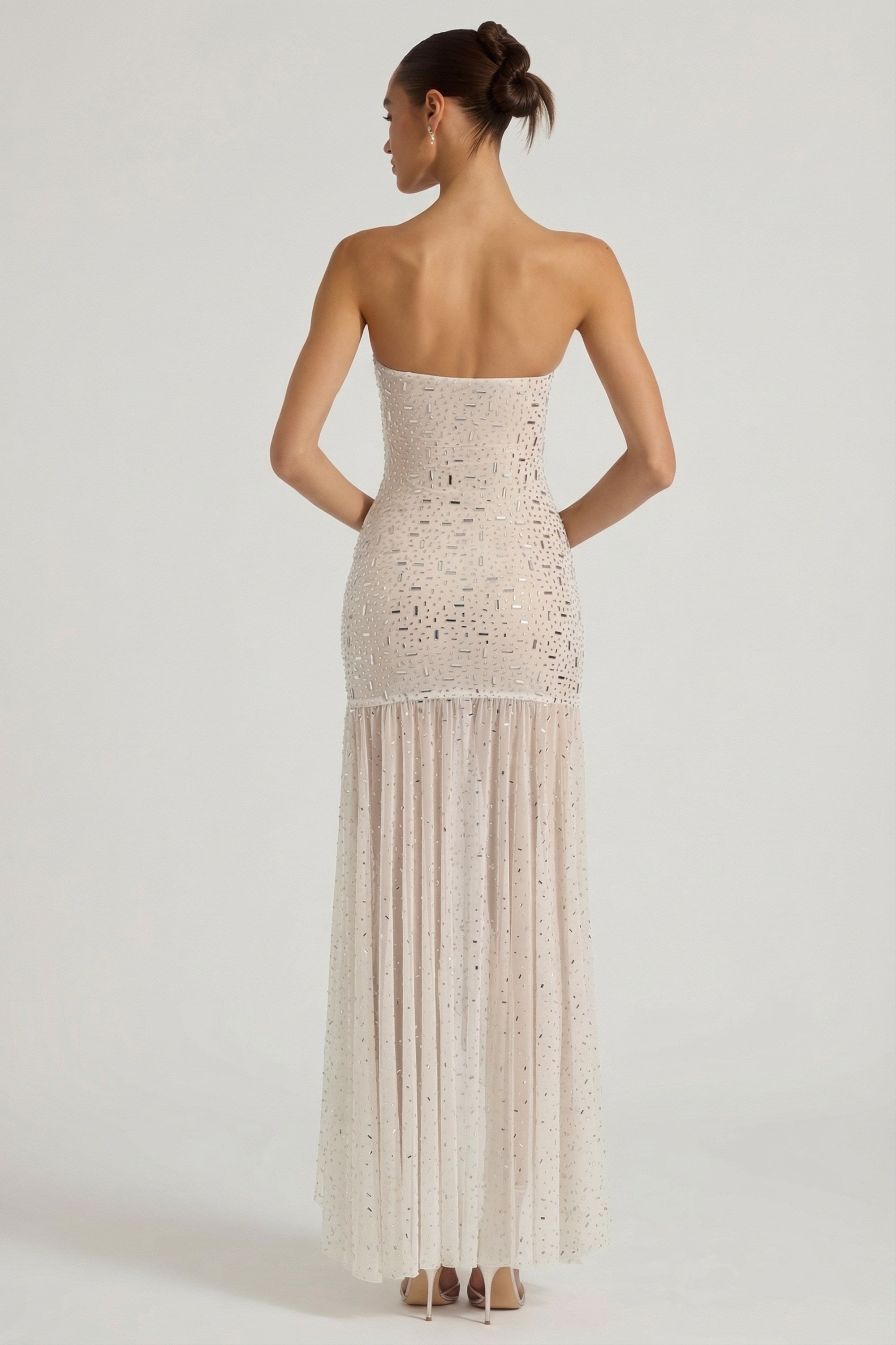 white sheer maxi dress Cream Off Shoulder Ruched Beige / 8 or no bra Semi-Sheer Embellished Asymmetric Maxi Dress