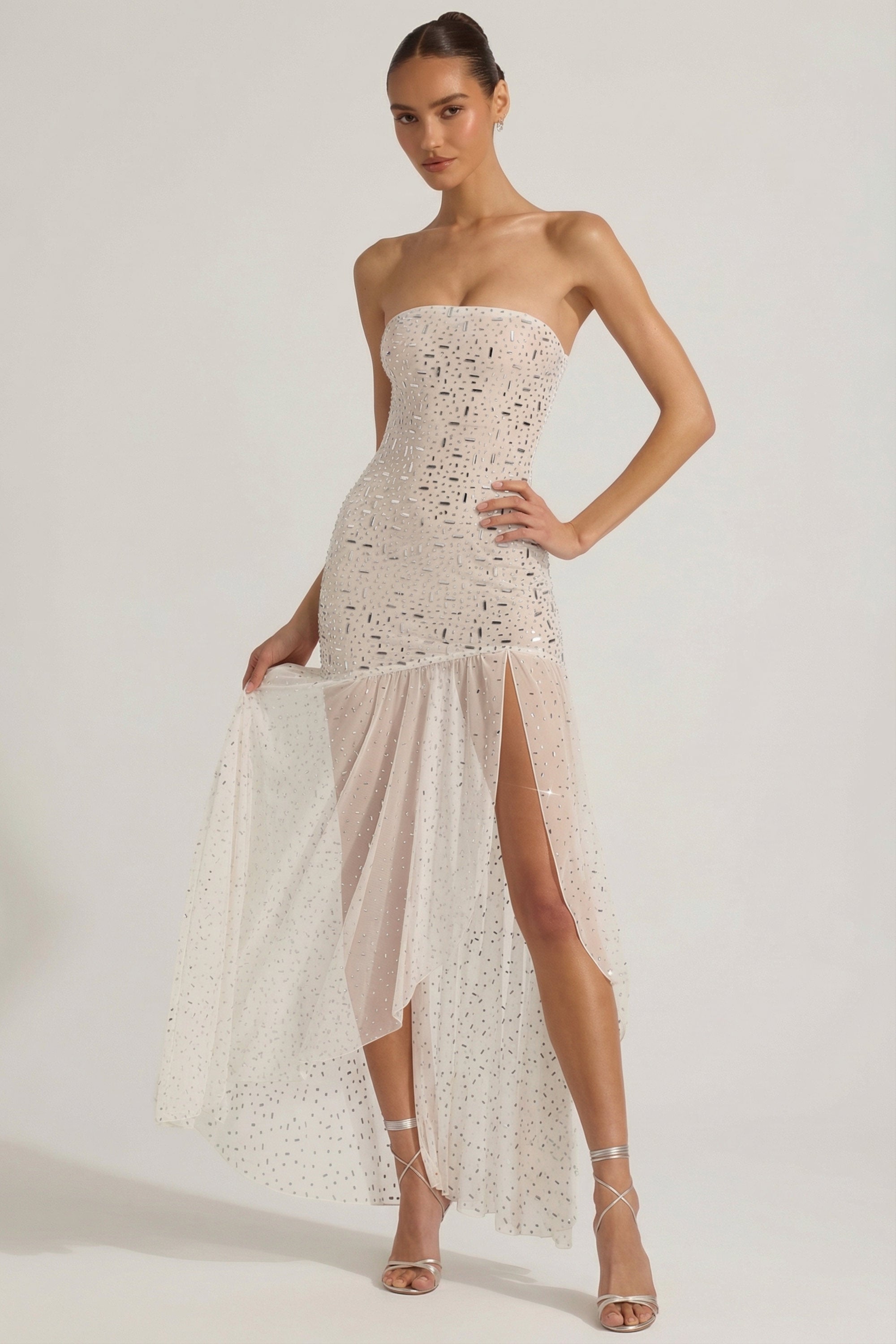 Embellished Ruffled Tiered Mini Dress in White