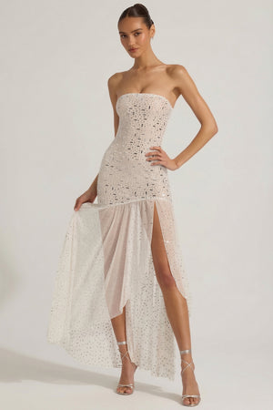 Semi-Sheer Embellished Asymmetric Maxi Dress in White - 14 | Oh Polly Semi-Sheer Embellished Asymmetric Maxi Dress in White - 14 | Oh Polly