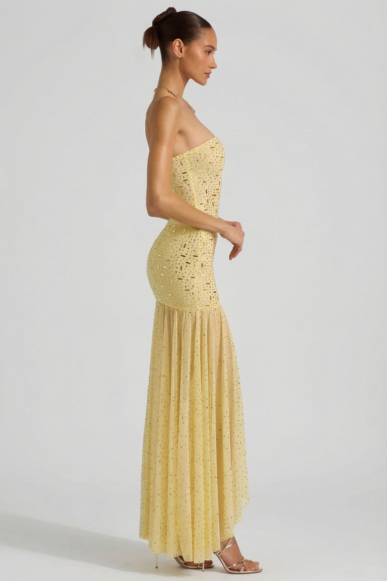 Semi-Sheer Embellished Asymmetric Maxi Dress in Yellow - 5