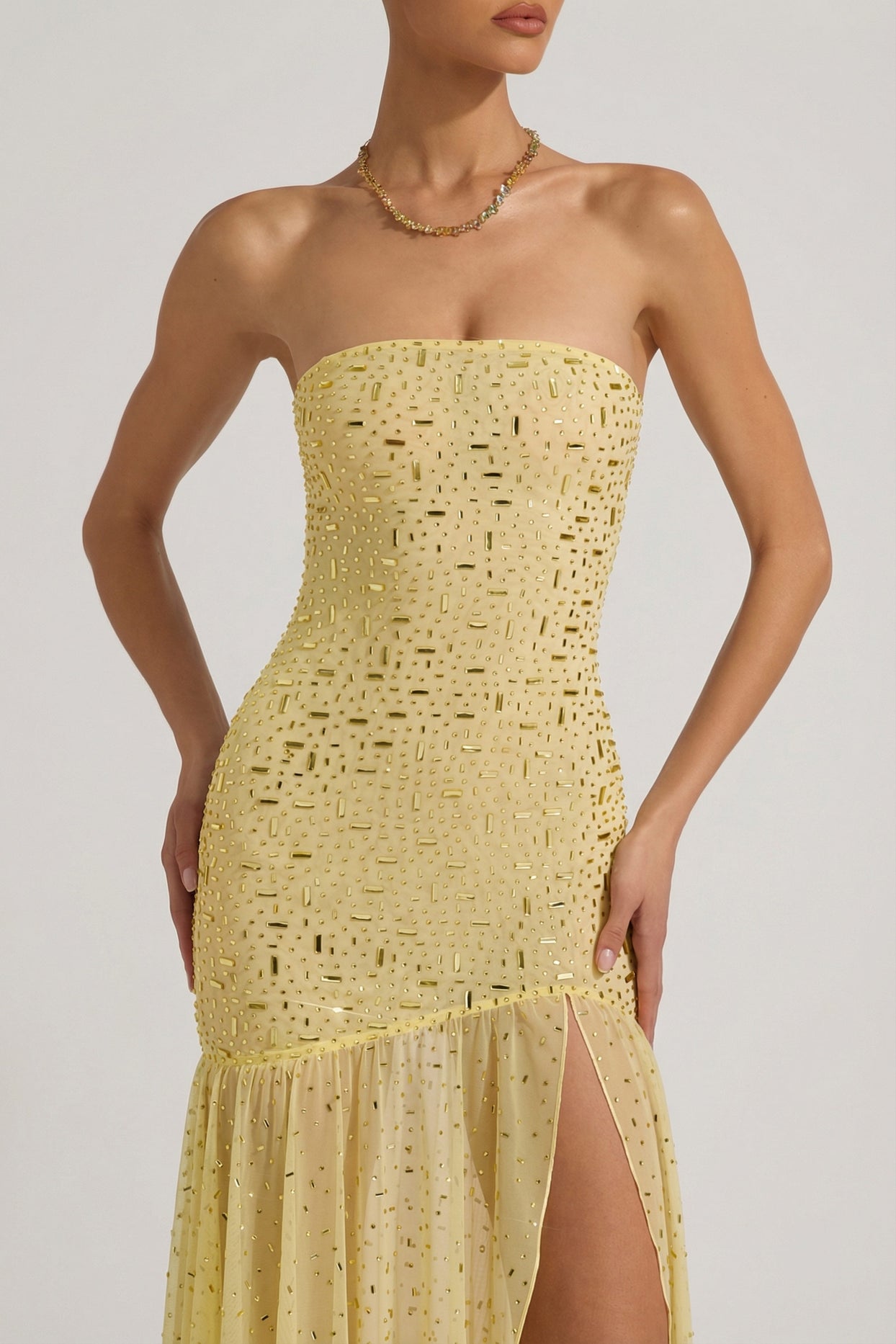 Semi-Sheer Embellished Asymmetric Maxi Dress in Yellow - 4