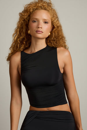 Asymmetric Ruched Tank Top in Black