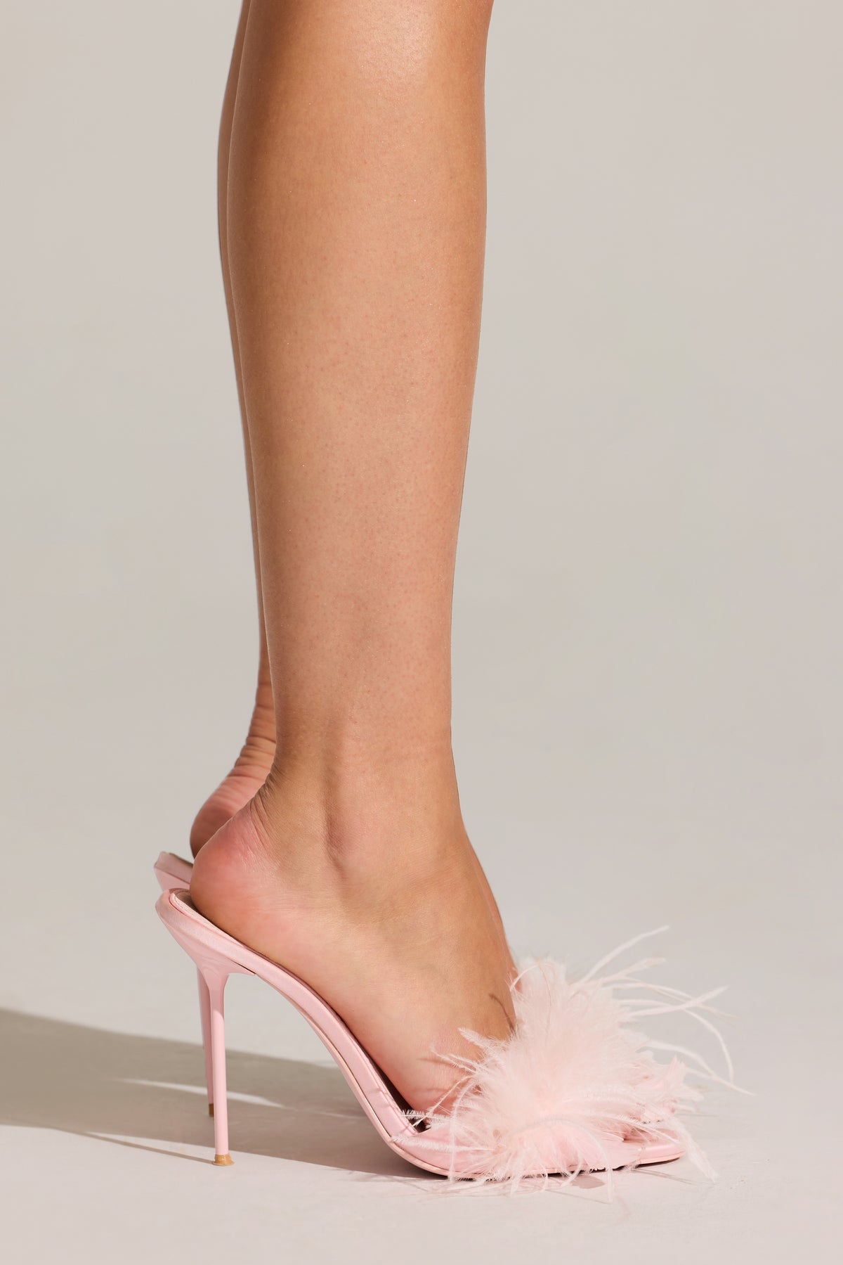 Feathered Satin Heeled Mule in Blossom Pink