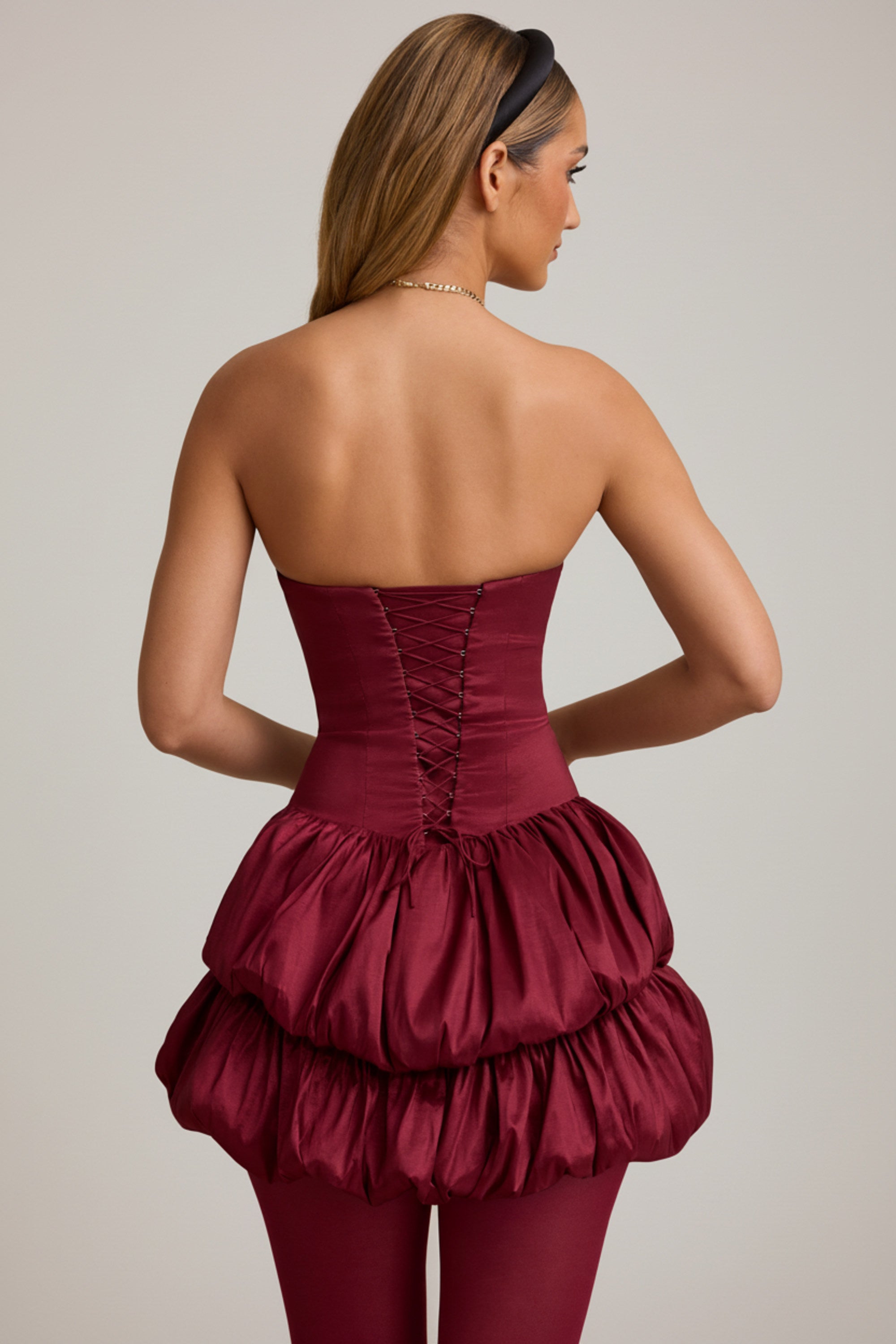 Laela Layered Bubble Hem Corset Mini Dress in Wine Red | Oh Polly