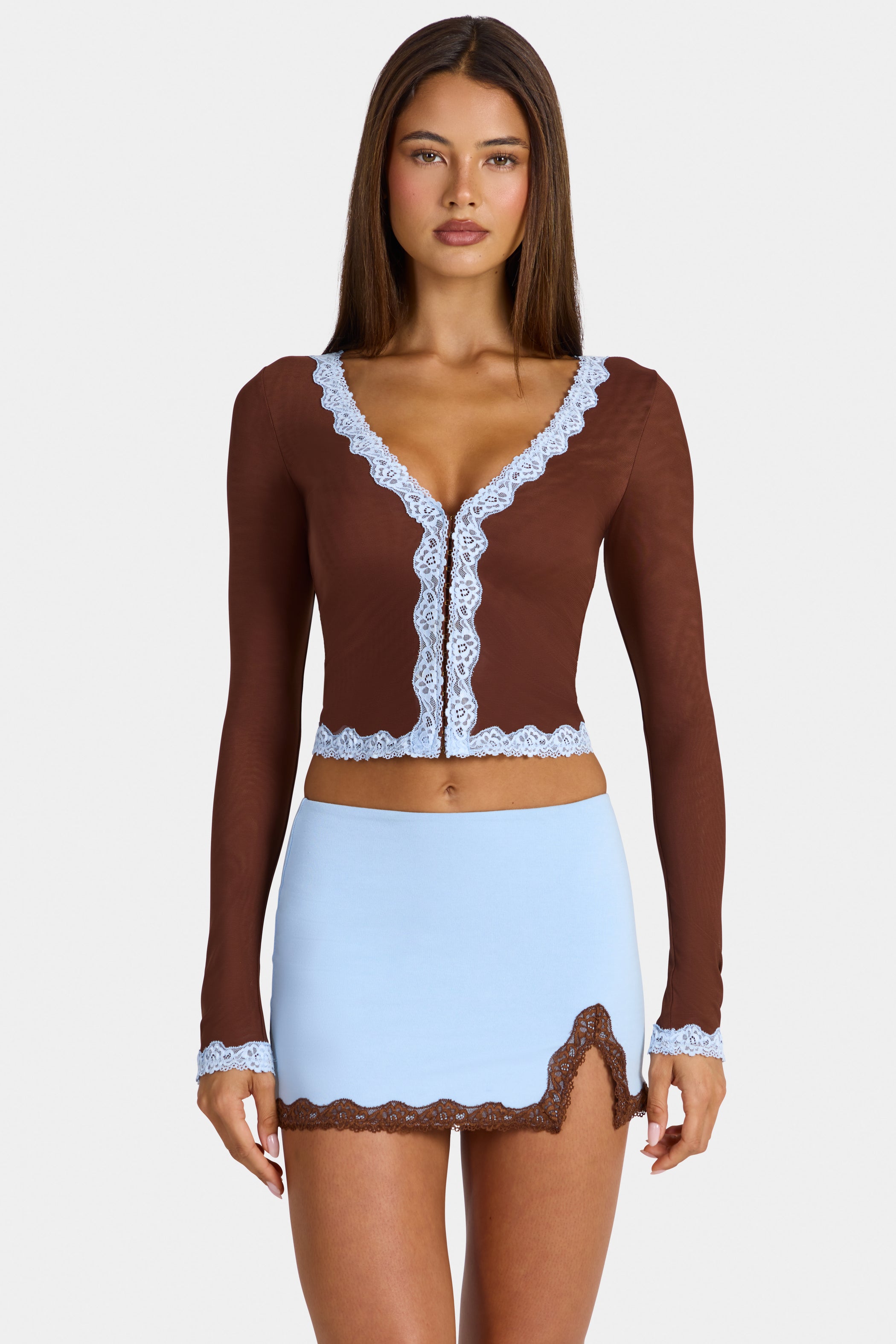 Lace-Trim Cropped Cardigan  in Cocoa Brown