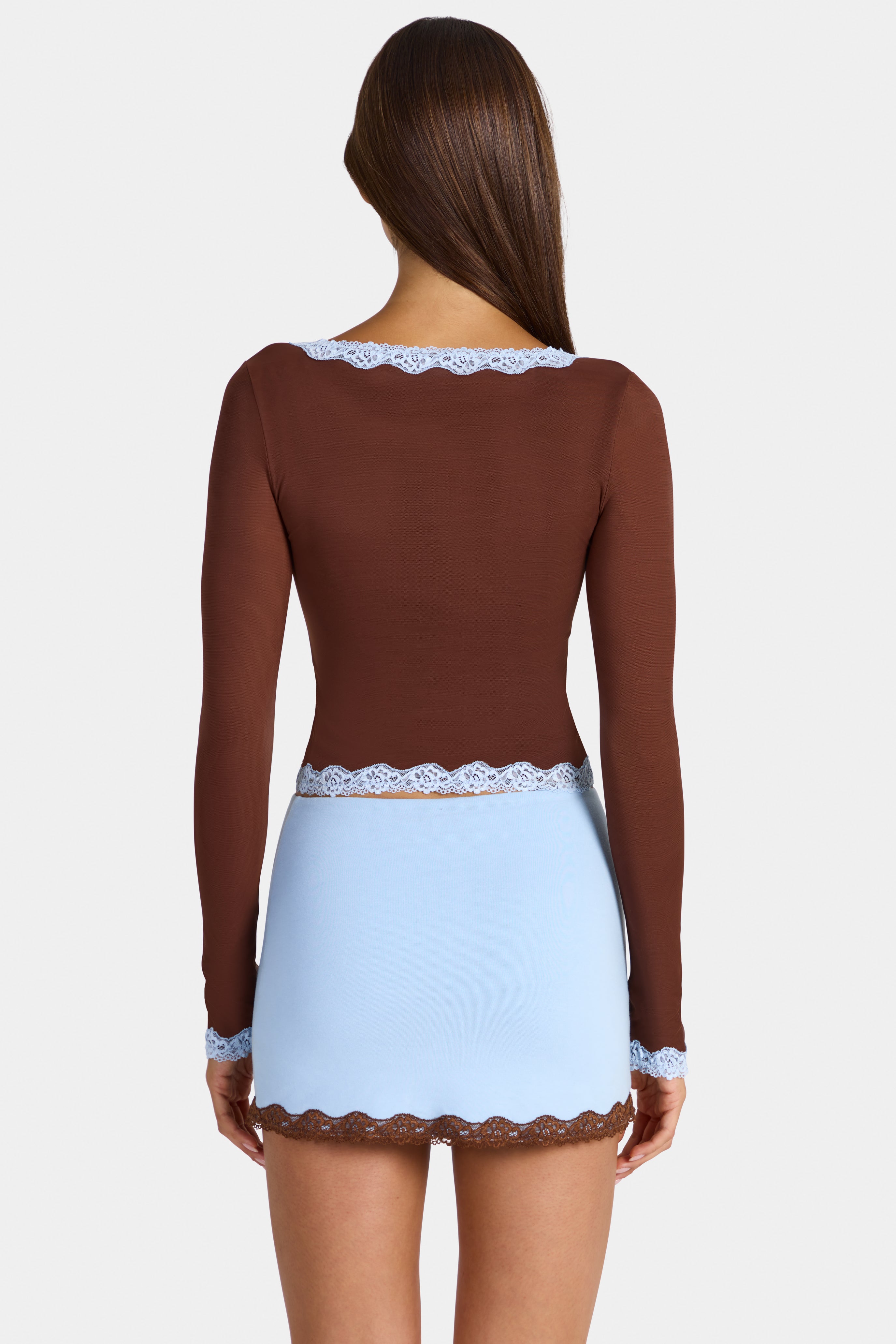 Laksila Lace-Trim Cropped Cardigan in Cocoa Brown | Oh Polly – Oh