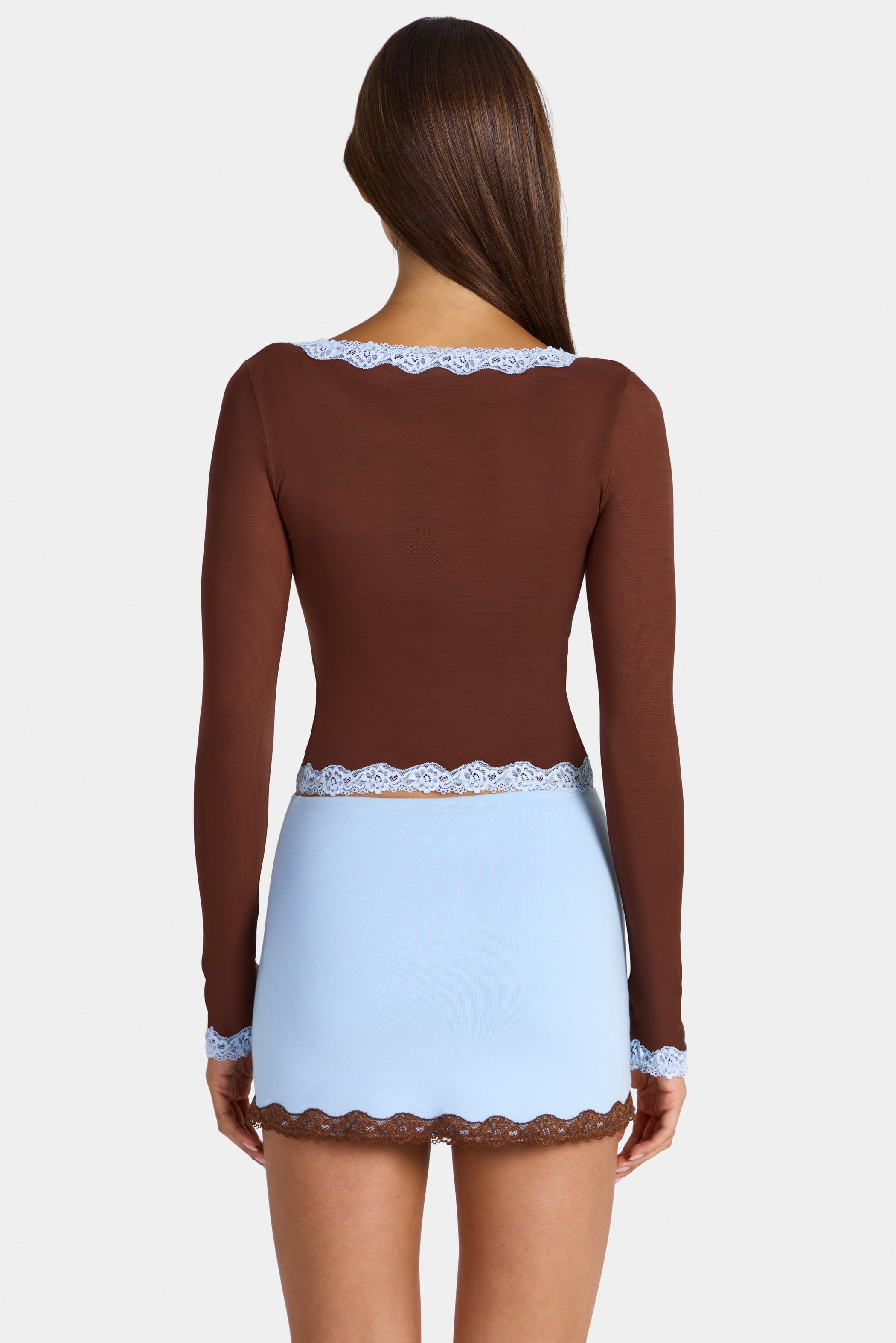 Lace-Trim Cropped Cardigan  in Cocoa Brown