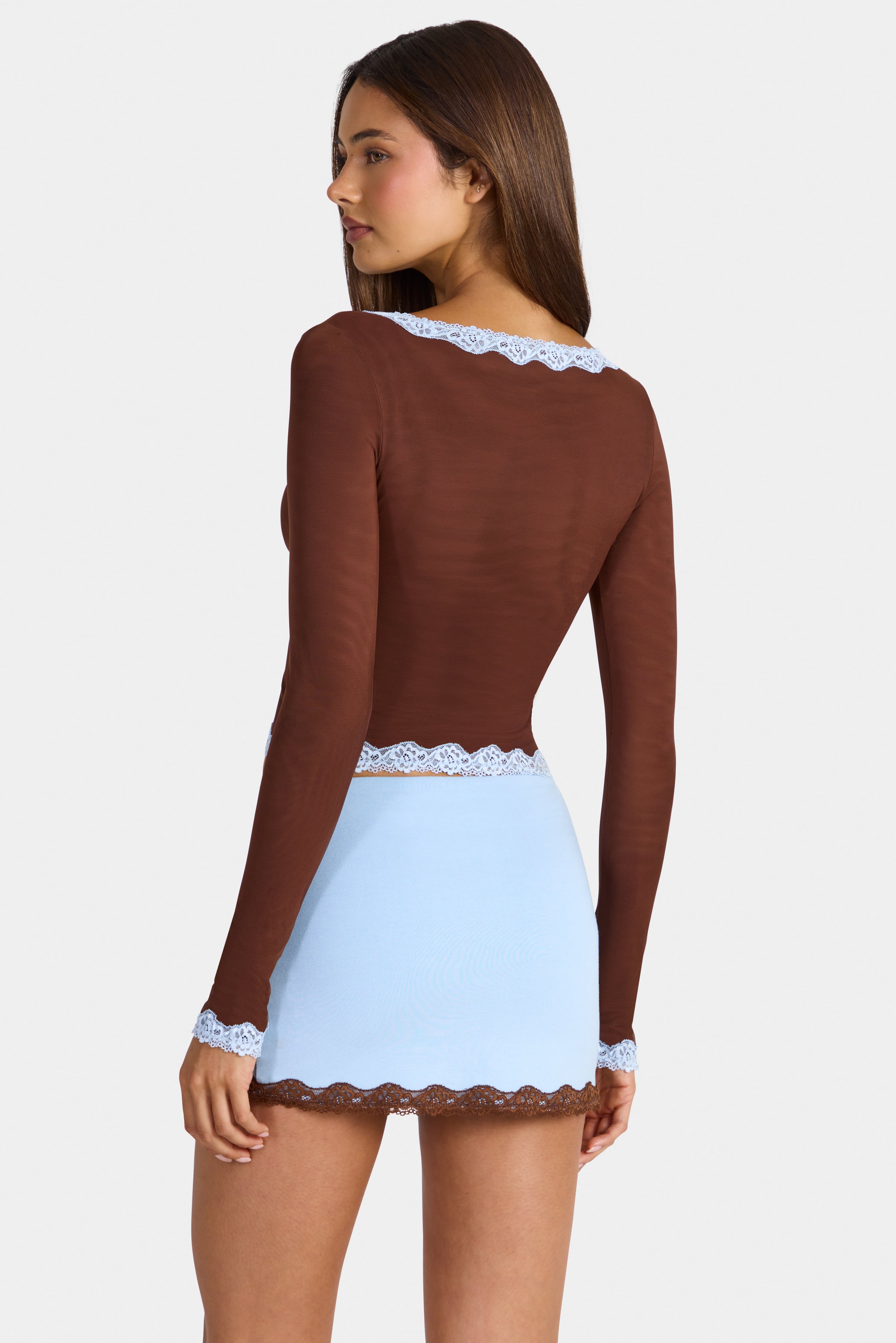 Lace-Trim Cropped Cardigan  in Cocoa Brown