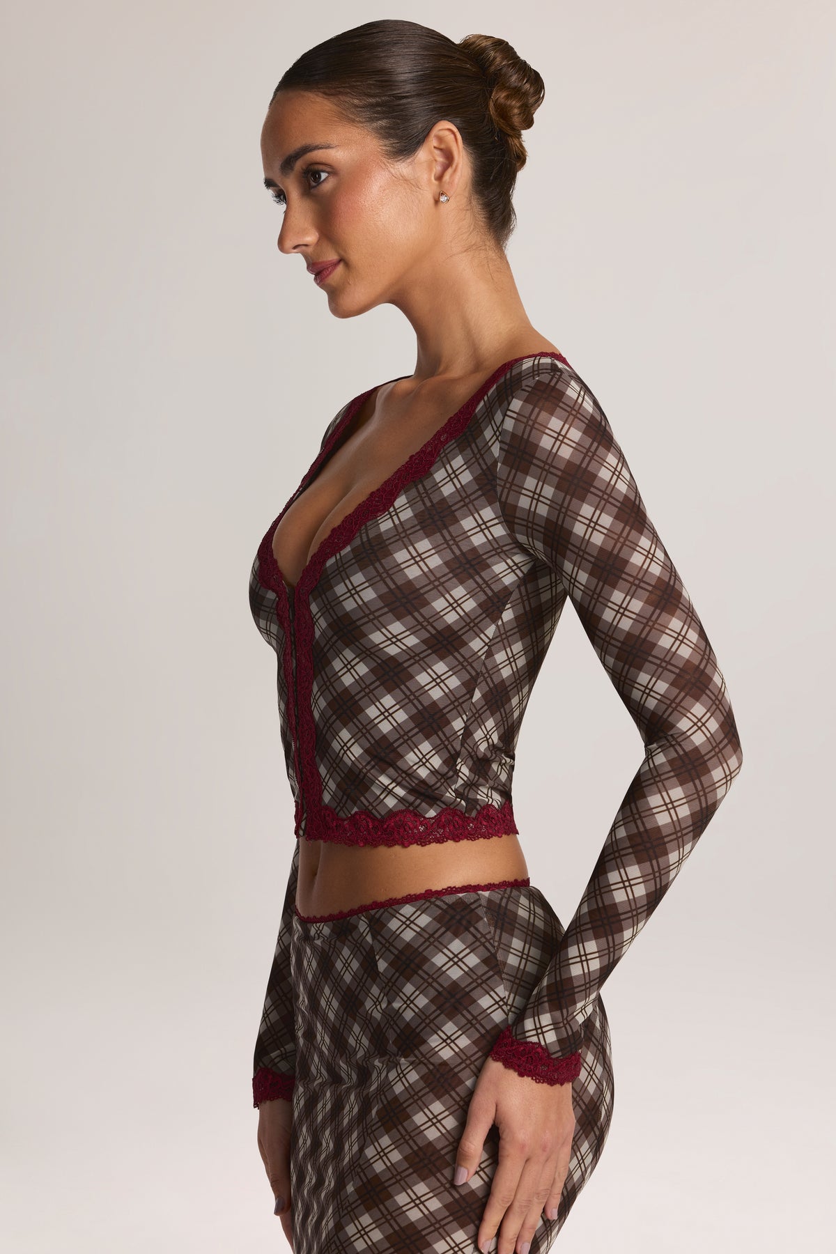 Lace-Trim Cropped Cardigan in Diagonal Check Print