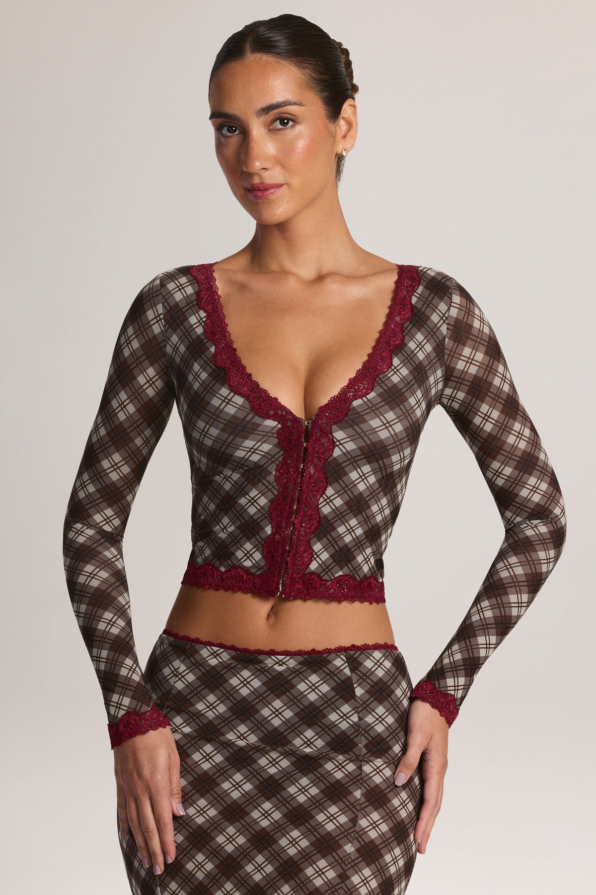 Lace-Trim Cropped Cardigan in Diagonal Check Print - 1