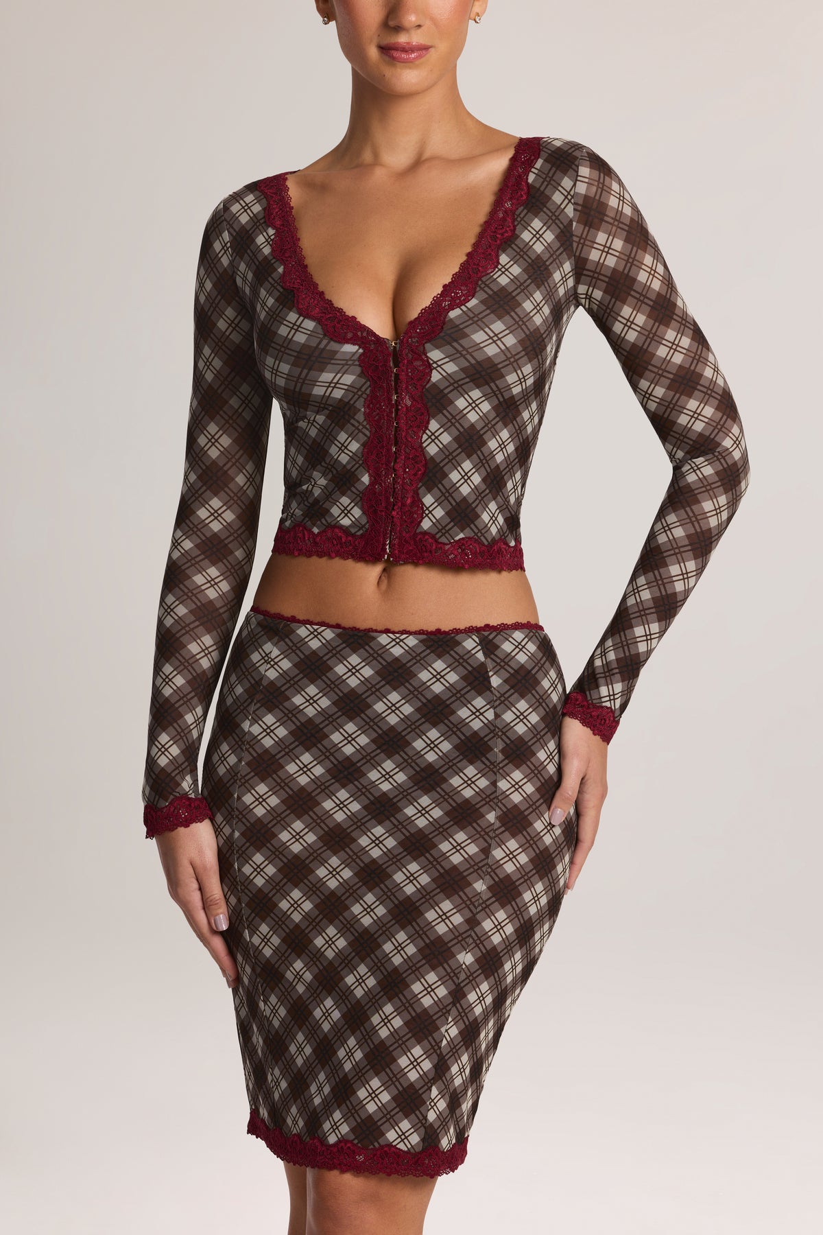 Lace-Trim Cropped Cardigan in Diagonal Check Print