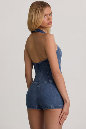 Oh Polly's Josey Anne wearing the Lalita Playsuit in Mid Blue Denim fabric perfect for weekend getaways