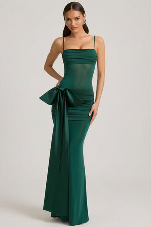Oh Polly's Anna wearing the Laurelina Maxi Dress in Emerald Green Satin Jersey fabric perfect for elegant evening events