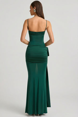 Oh Polly's Anna wearing the Laurelina Maxi Dress in Emerald Green Satin Jersey fabric perfect for romantic dinner dates