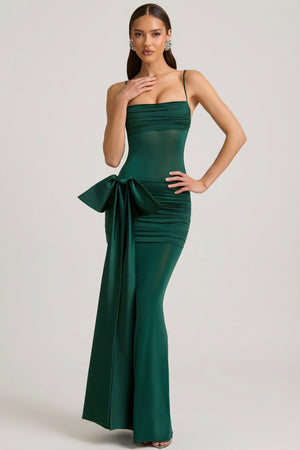 Oh Polly's Anna wearing the Laurelina Maxi Dress in Emerald Green Satin Jersey fabric perfect for cocktail receptions
