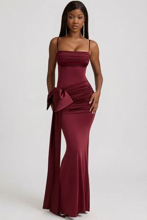 Laurelina Bow-Detail Ruched Maxi Dress in Wine Red | Oh Polly Laurelina Bow-Detail Ruched Maxi Dress in Wine Red | Oh Polly