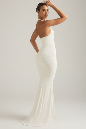 Ruched Backless Halterneck Gown in Ivory