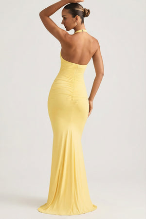 Ruched Backless Halterneck Gown in Pastel Yellow - 2 | Oh Polly Ruched Backless Halterneck Gown in Pastel Yellow - 2 | Oh Polly