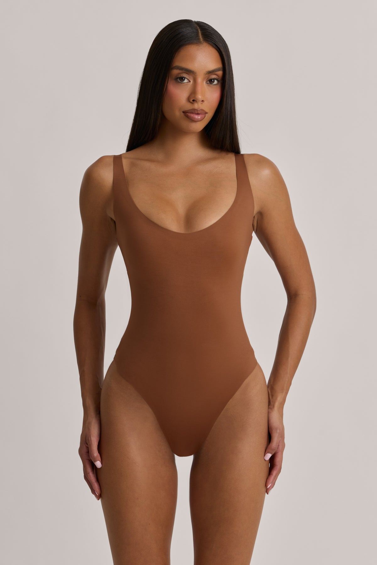 Scoop-Neck Cheeky Bodysuit in Almond