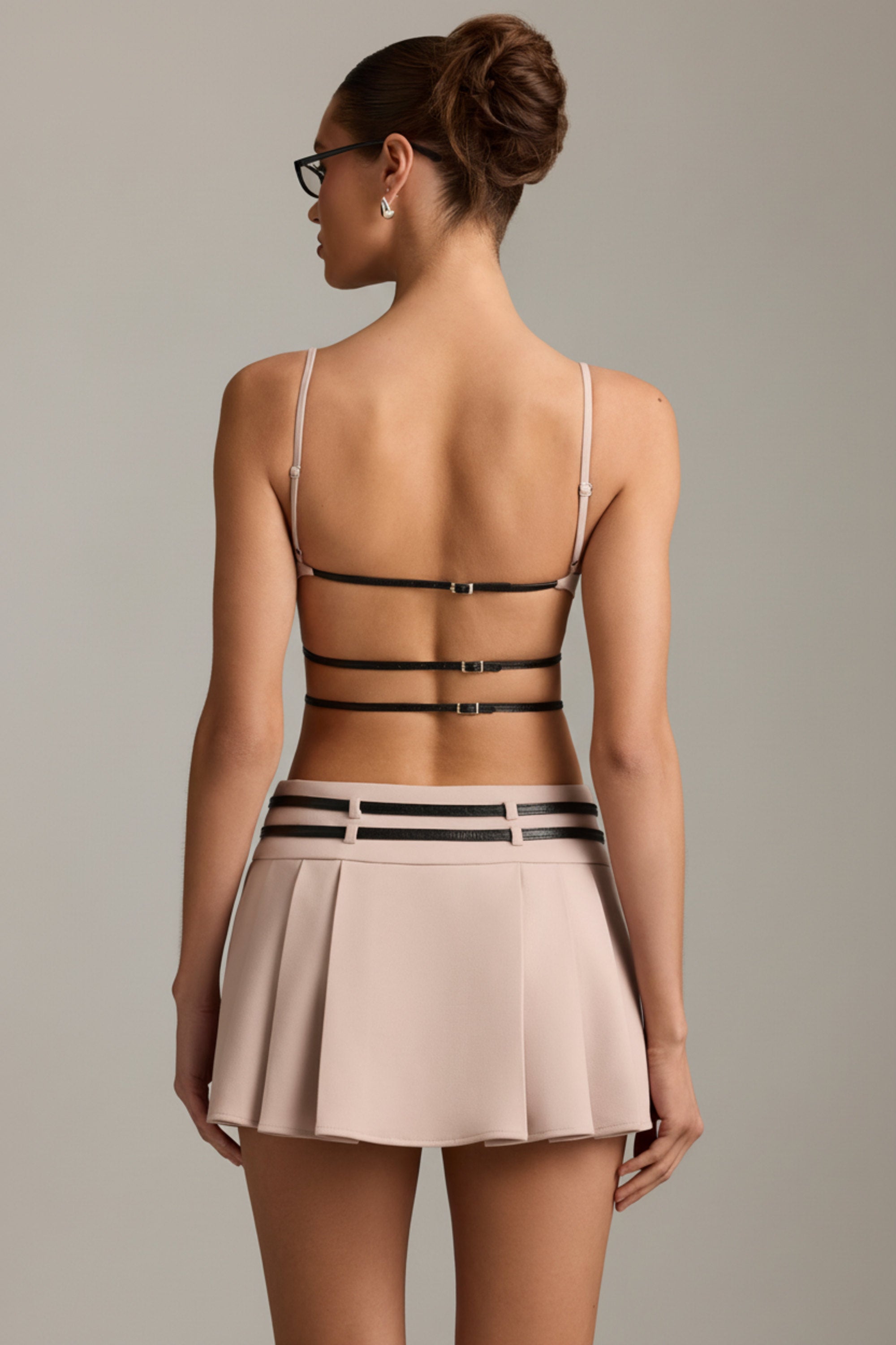 Belted Backless Pleated Mini Dress in Mushroom