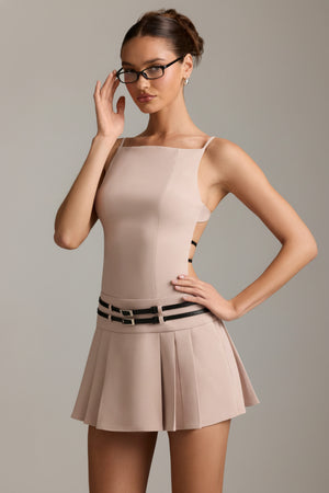 Leilani Belted Backless Pleated Mini Dress in Mushroom | Oh Polly Leilani Belted Backless Pleated Mini Dress in Mushroom | Oh Polly