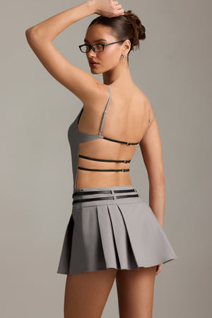 Oh Polly's Anna wearing the Leilani Mini Dress in Grey fabric perfect for holiday dinners