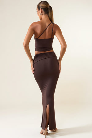 Oh Polly's Priscilla wearing the Lena Maxi Skirt in Chocolate Brown Modal fabric perfect for a summer garden party