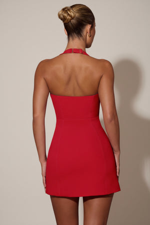 Heart-Detail Halterneck A-Line Mini Dress in Red