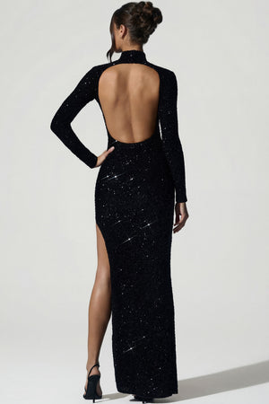 Oh Polly's Anna wearing the Leonie Gown Length Dress in Black Micro Sequin fabric perfect for a glamorous evening event