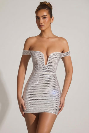 Embellished Off-Shoulder Mini Dress in White