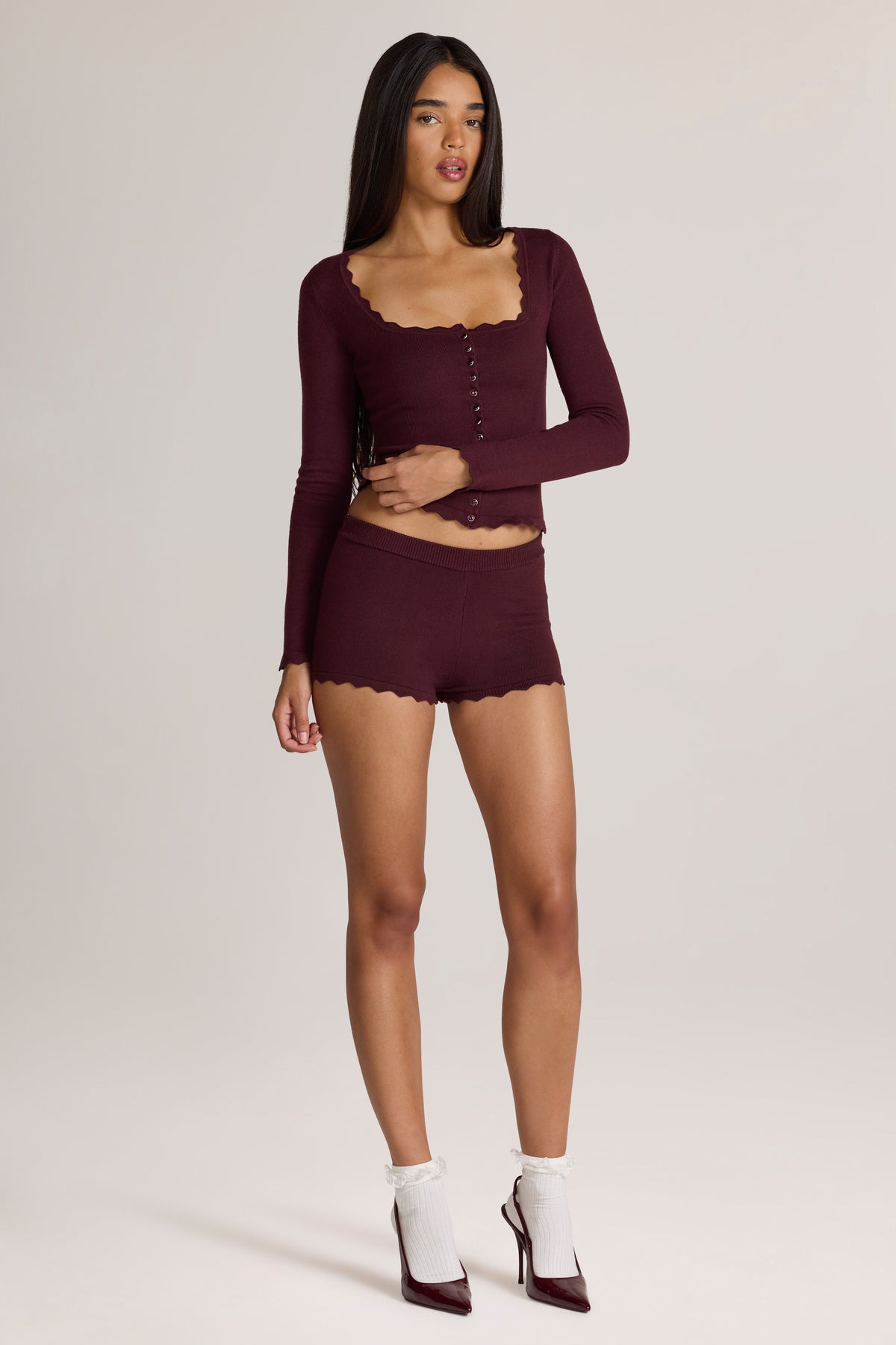 Knit Mid-Rise Mini Shorts in Cocoa Brown - 1