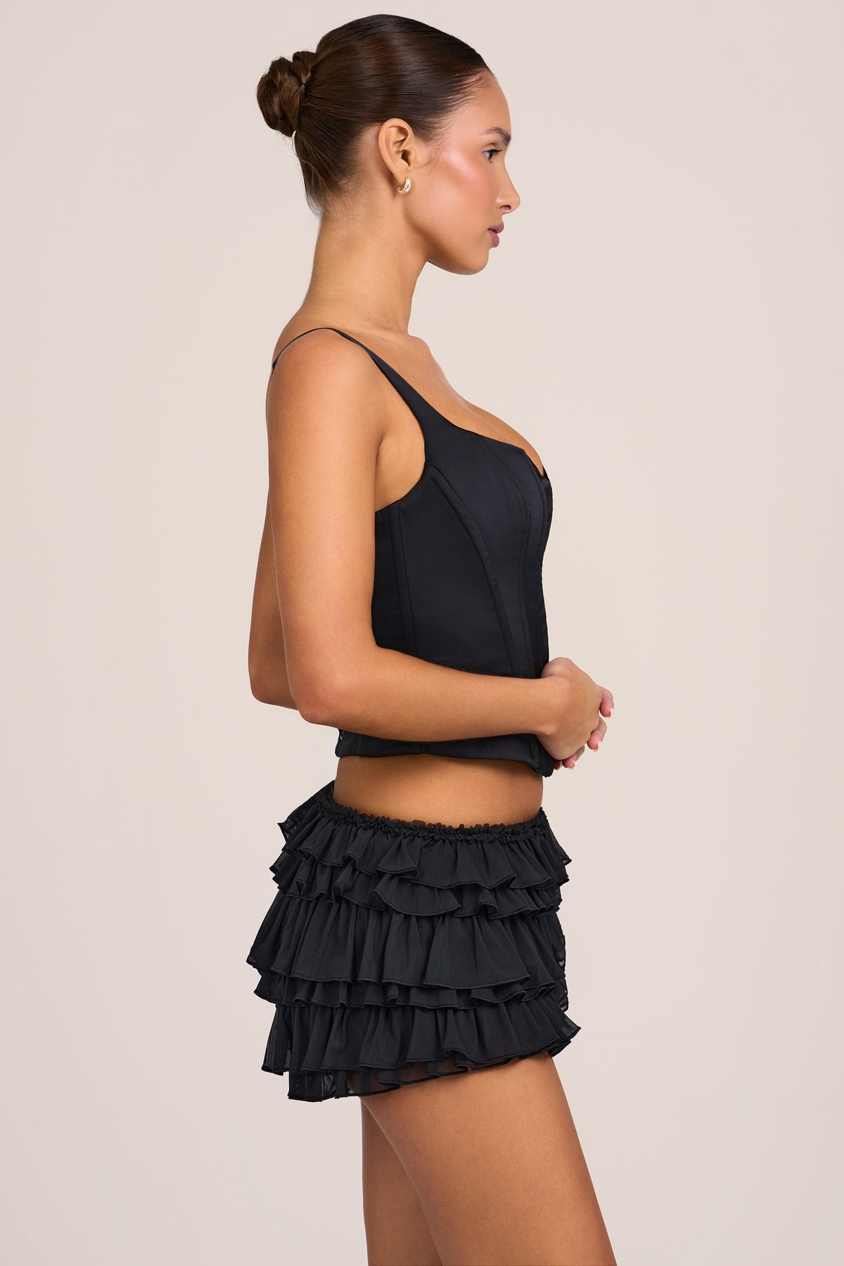 Mesh Low-Rise Ruffle Shorts in Black
