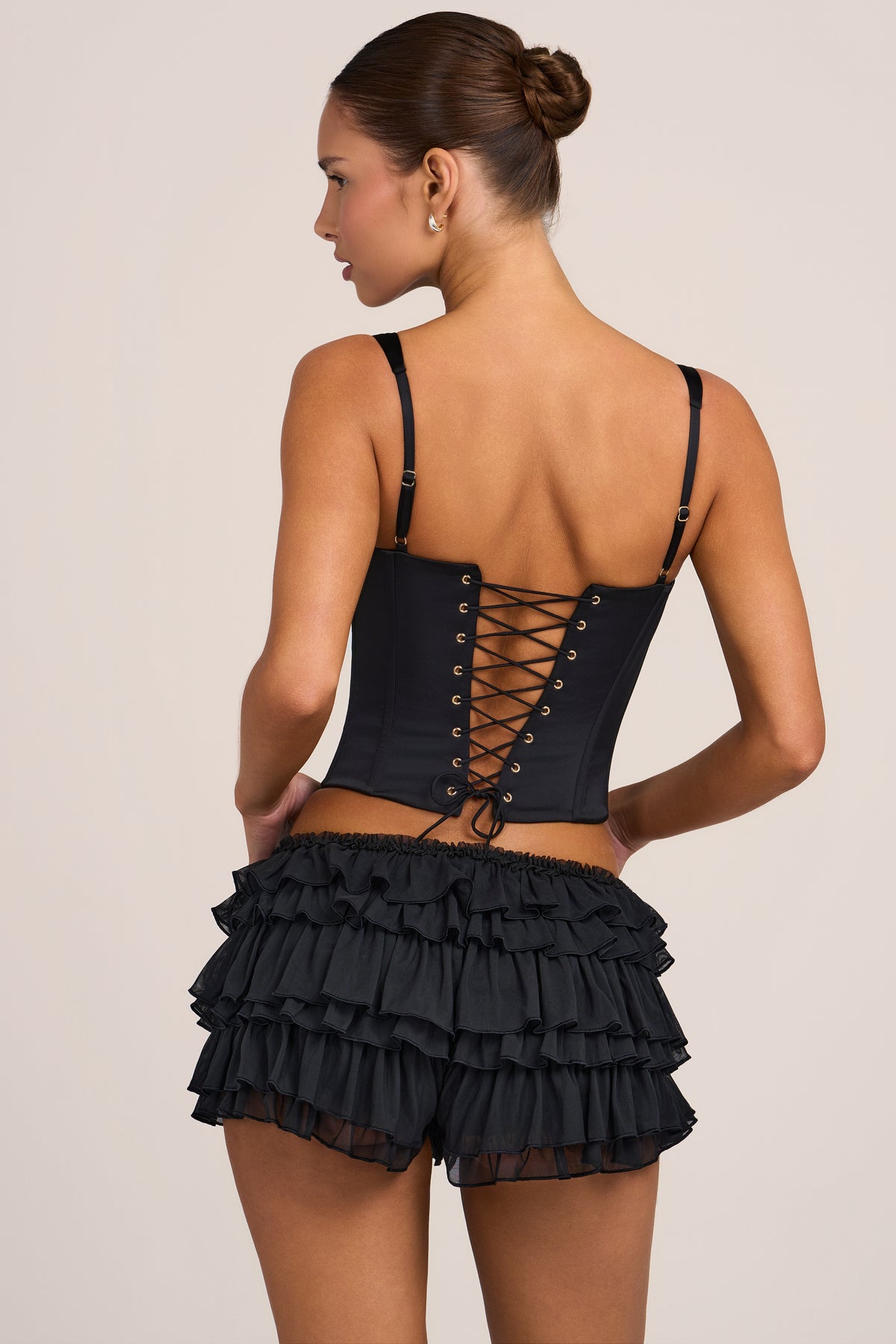 Mesh Low-Rise Ruffle Shorts in Black