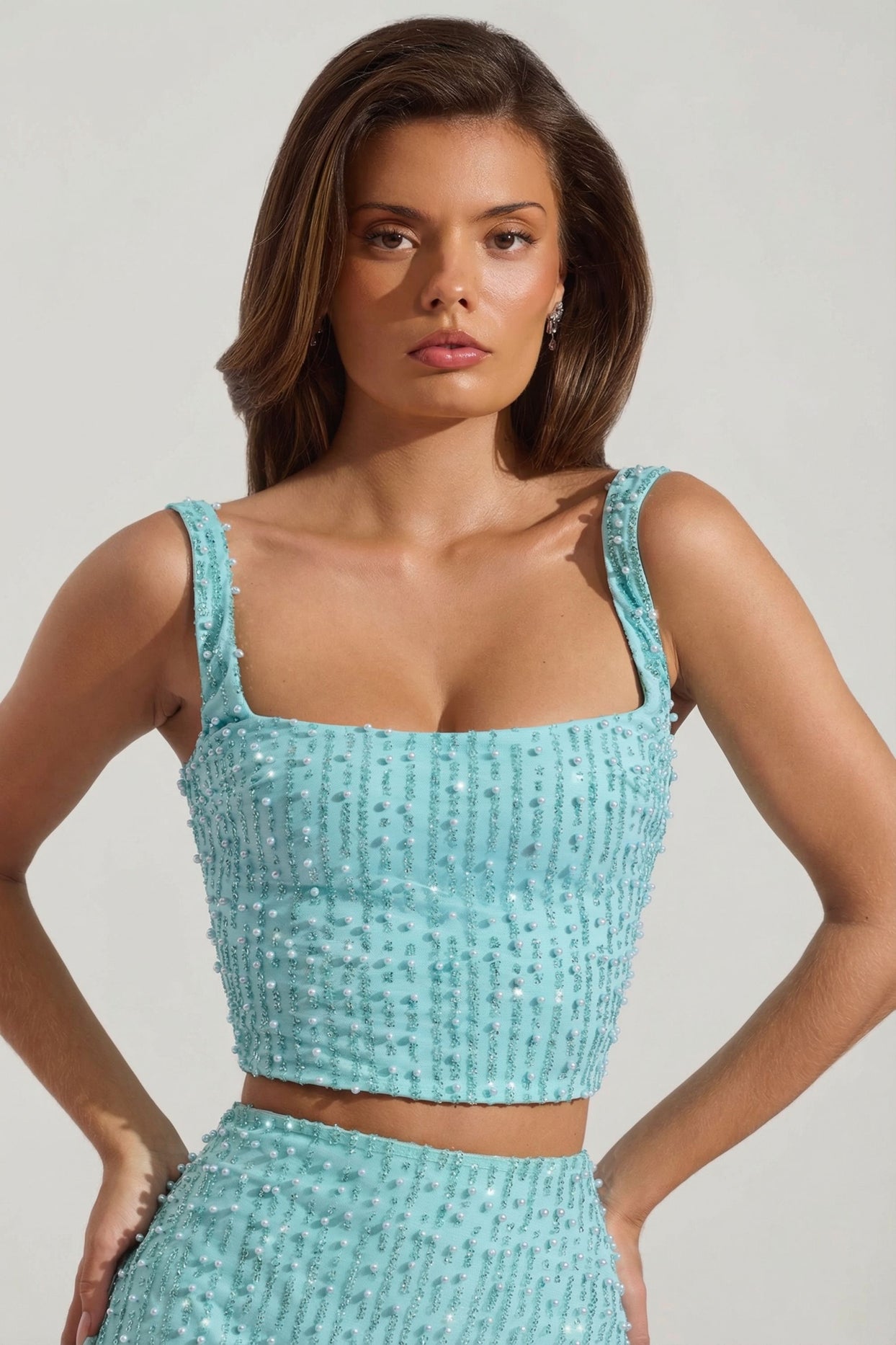 Embellished Square-Neck Crop Top in Aqua Blue - 6