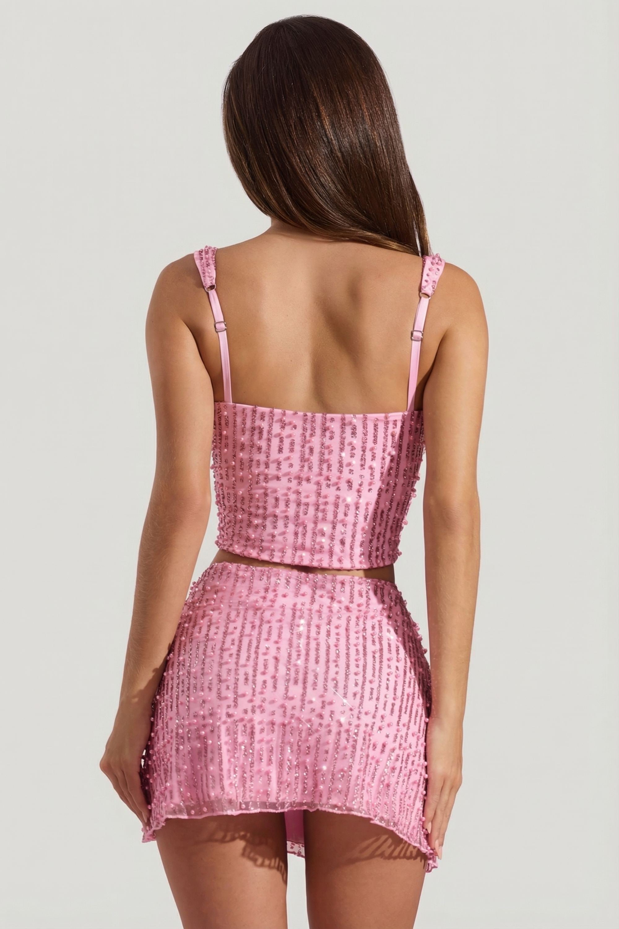 Lirael Embellished Square-Neck Crop Top in Pink | Oh Polly