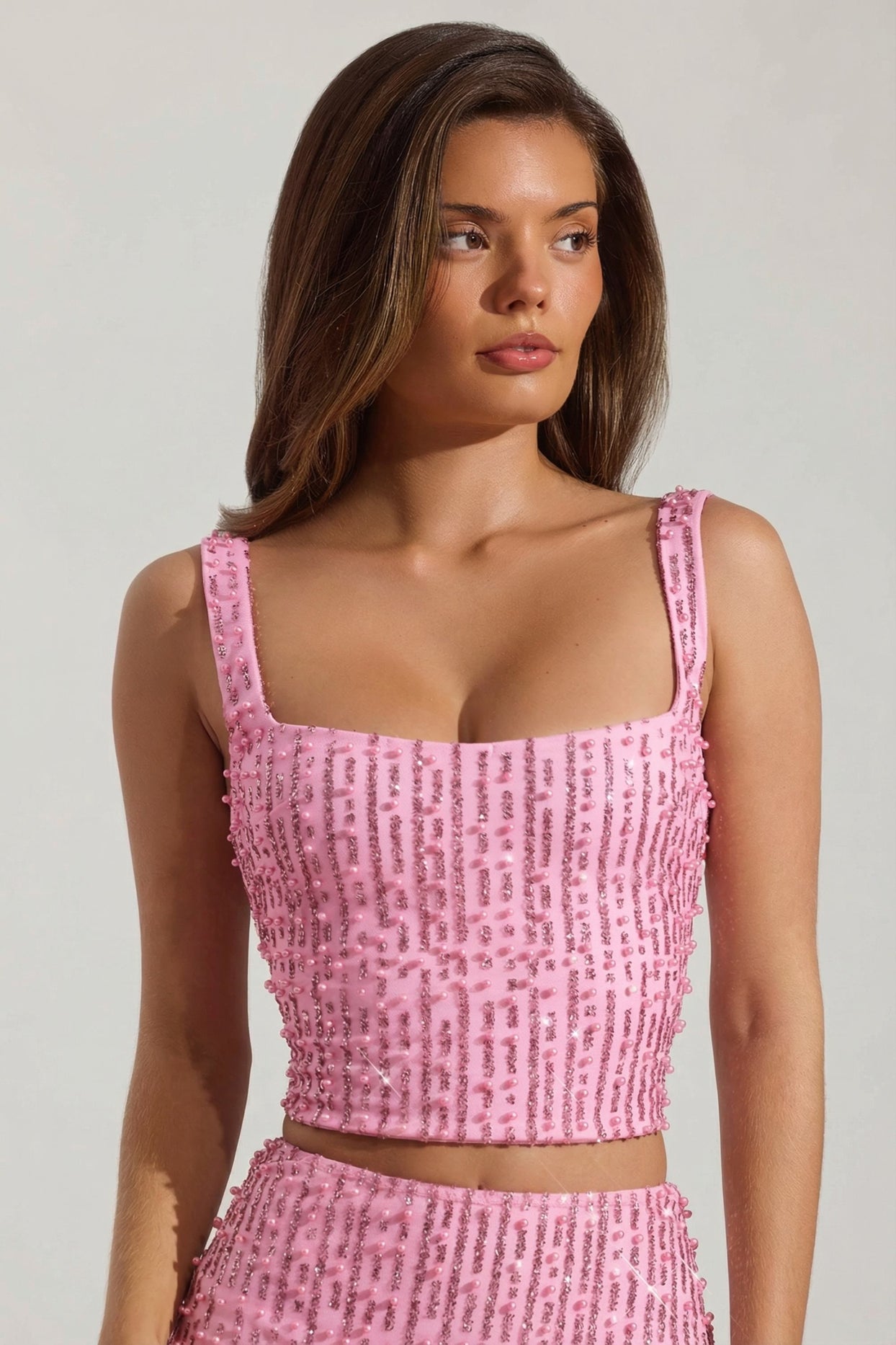 Embellished Square-Neck Crop Top in Pink - 7