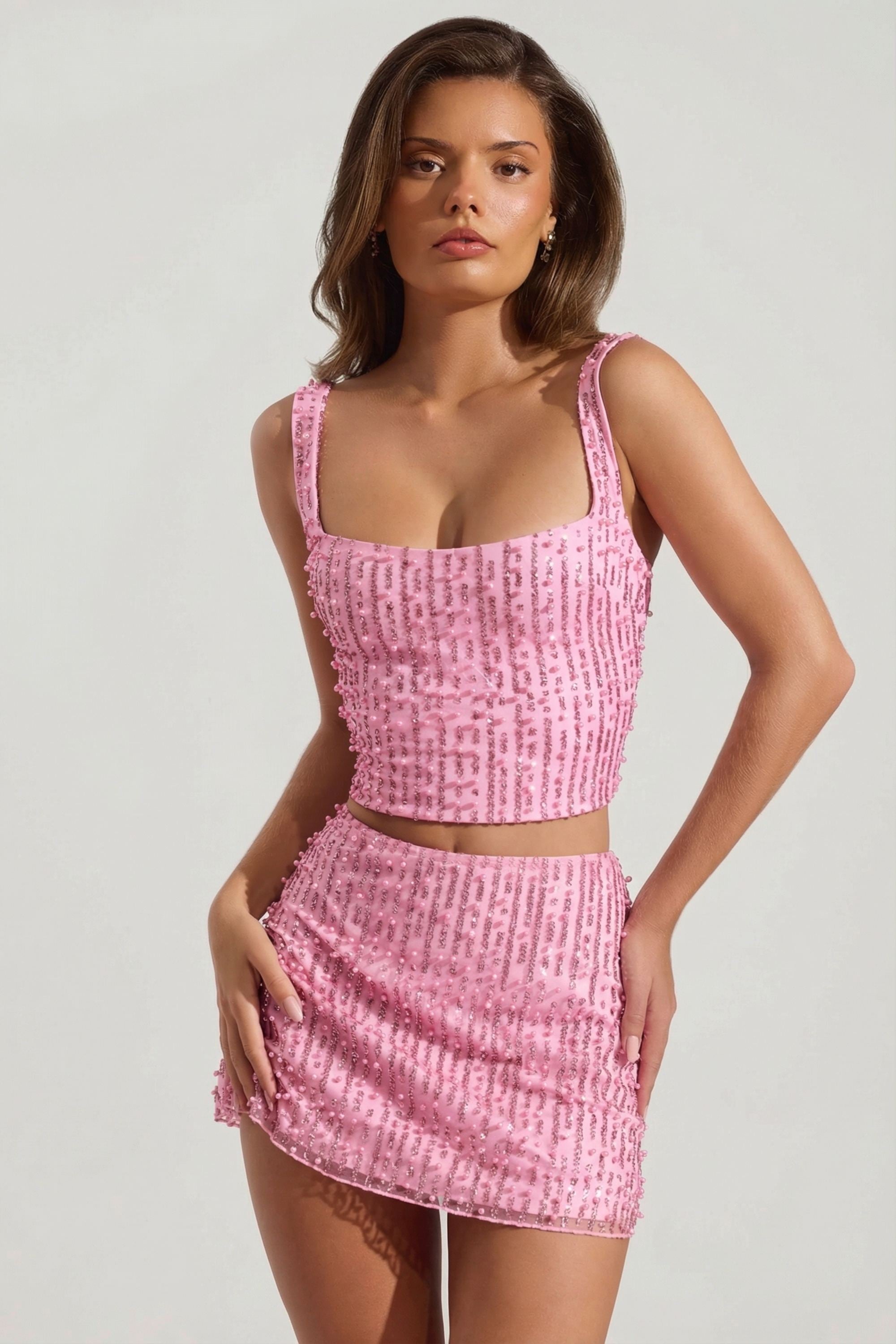 Lirael Embellished Square-Neck Crop Top in Pink | Oh Polly – Oh