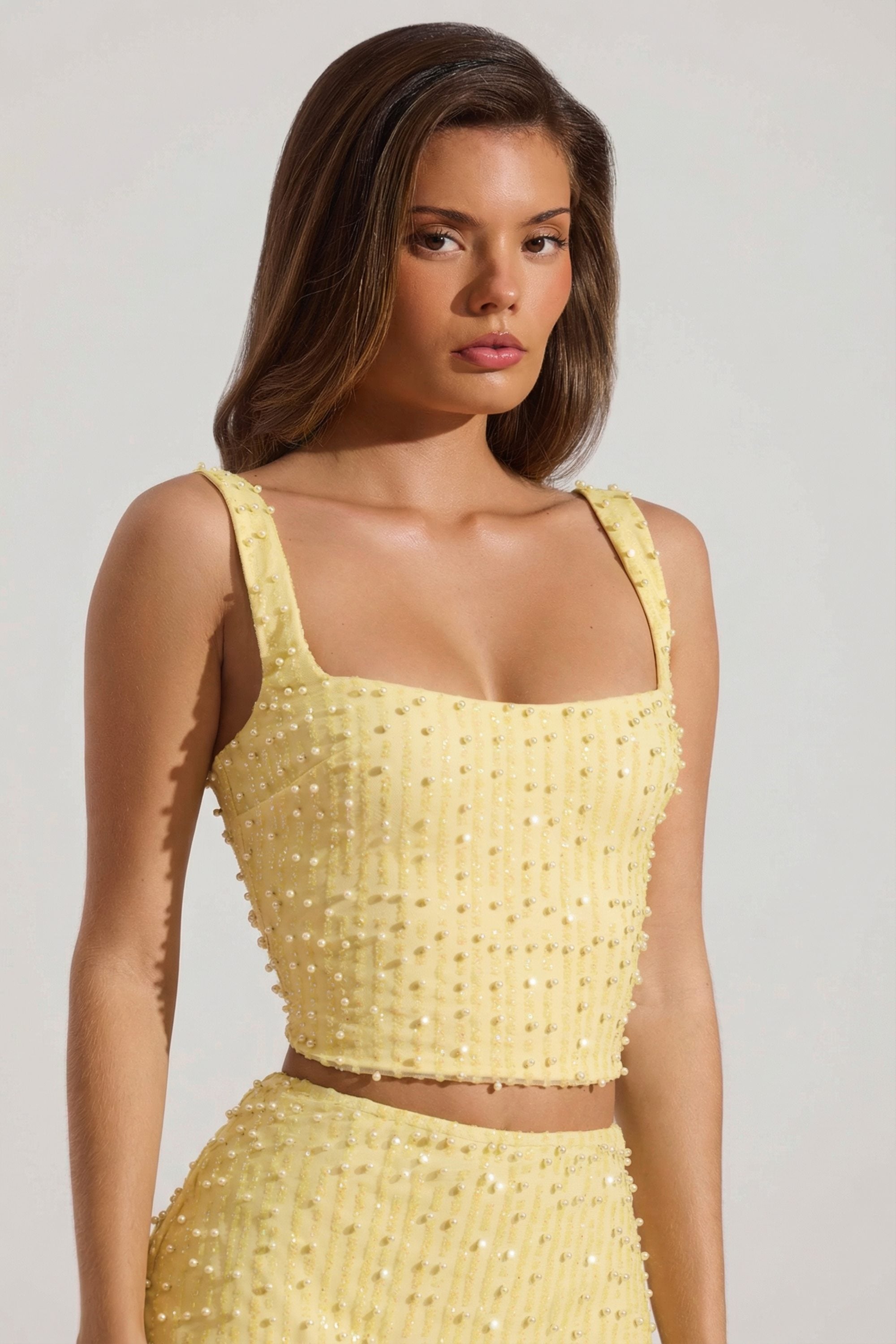 Lirael Embellished Square-Neck Crop Top in Yellow | Oh Polly – Oh