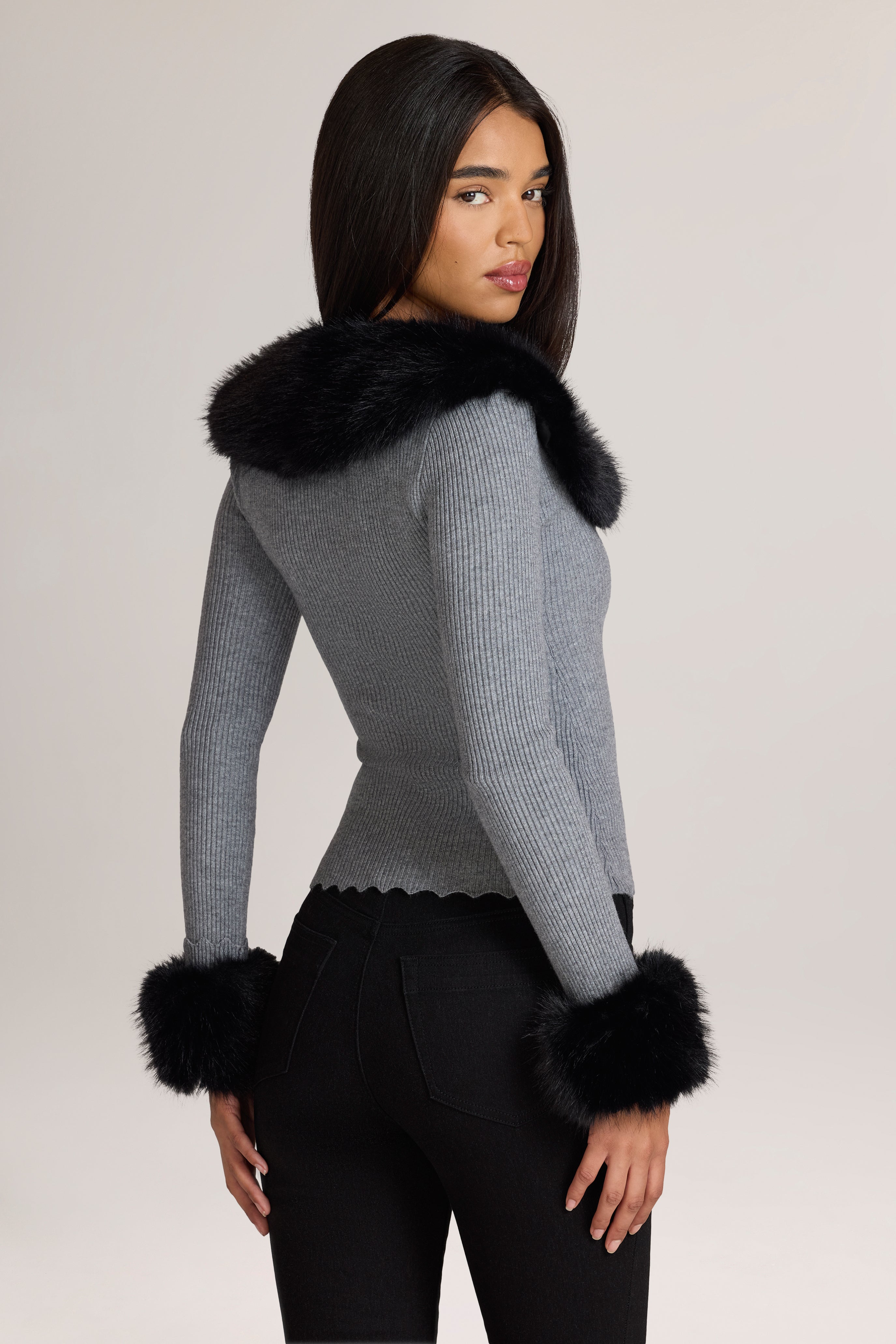 Lissie Knit Faux-Fur-Trim Cardigan in Charcoal Grey | Oh Polly